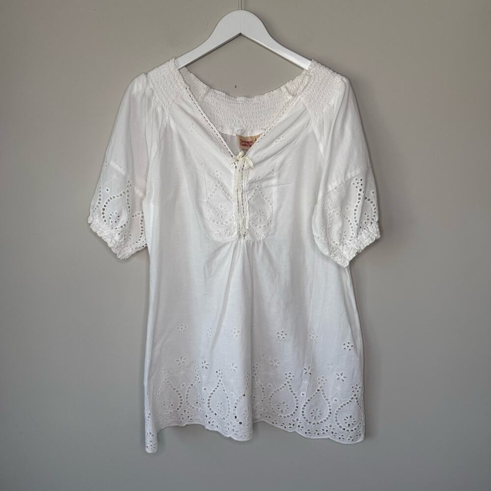The Vermont Country Store | White Eyelet Tie Front Tunic Top Blouse Size Large